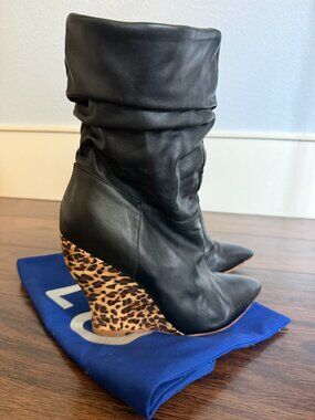 Rough Justice Black Leather Ruched Wedge Ankle Boots Leopard Heel Women's Size 9